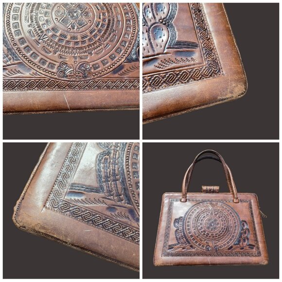 Vintage 70s Mexican Mayan Tooled Leather Handbag Shoulder Bag  Brown Top Handles - Picture 6 of 12